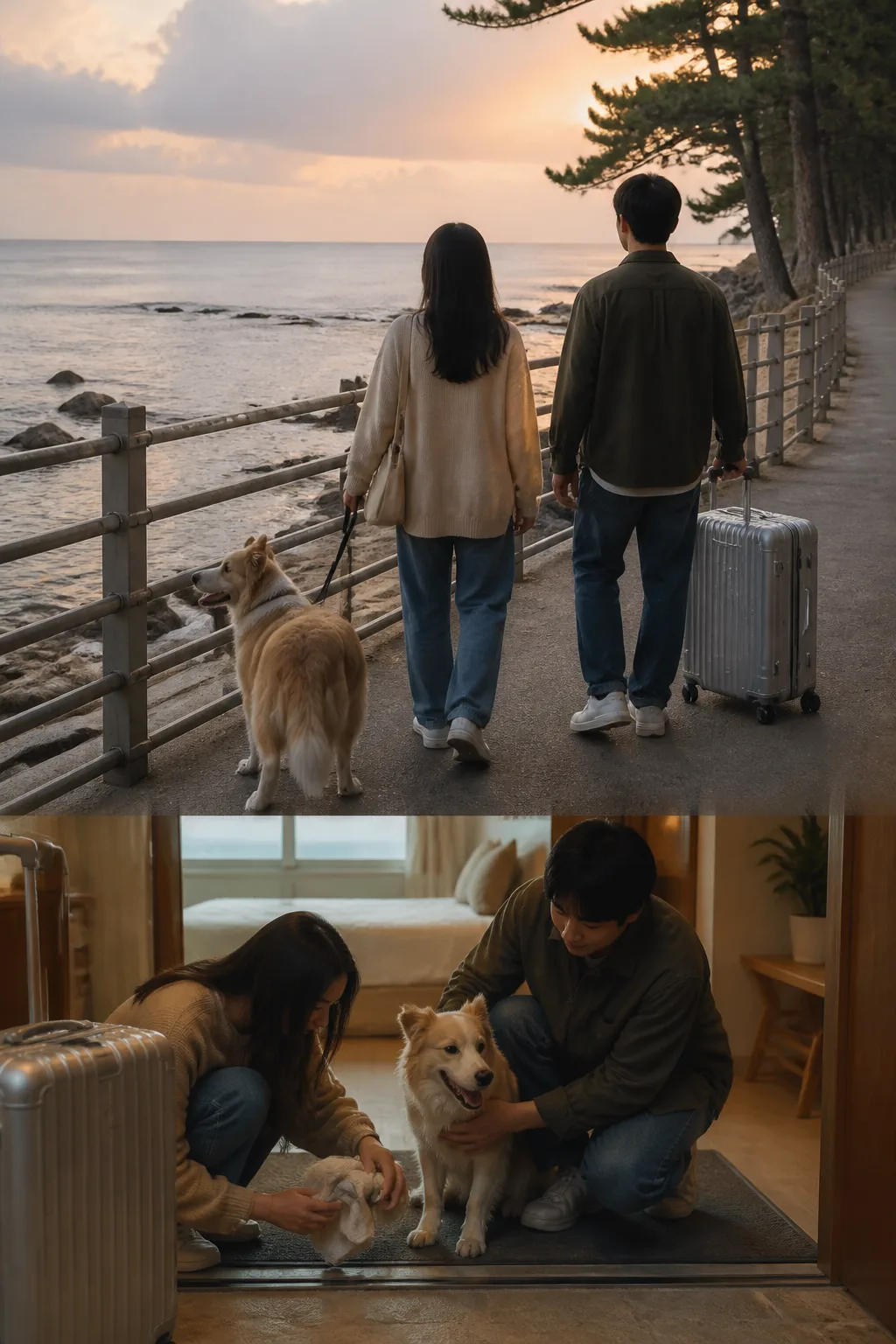강릉애견동반숙소에서 바다 산책 후 반려견의 발을 정리하는 여행 장면