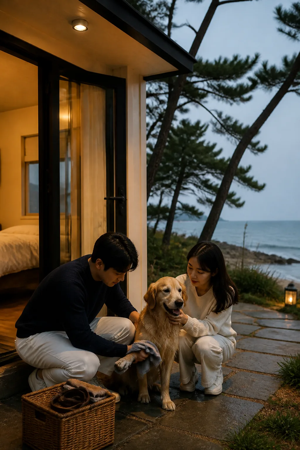 강릉애견동반숙소에서 해변 산책 후 반려견의 발을 닦는 커플