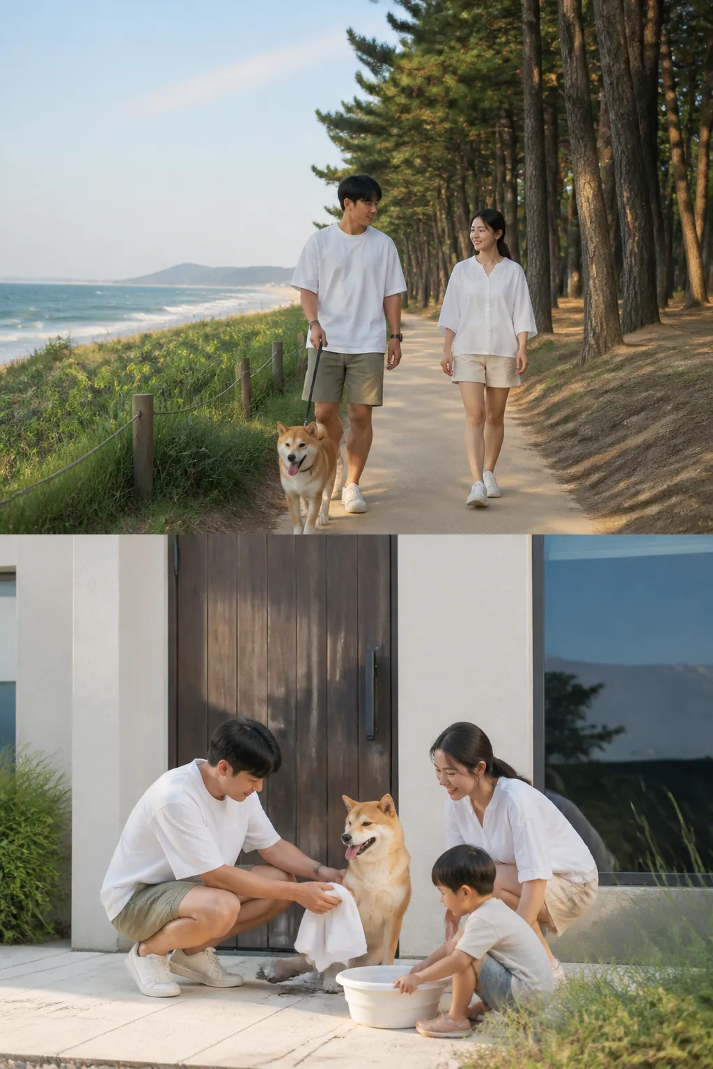강릉애견동반숙소 주변 해변 산책로에서 반려견과 걷는 여행객