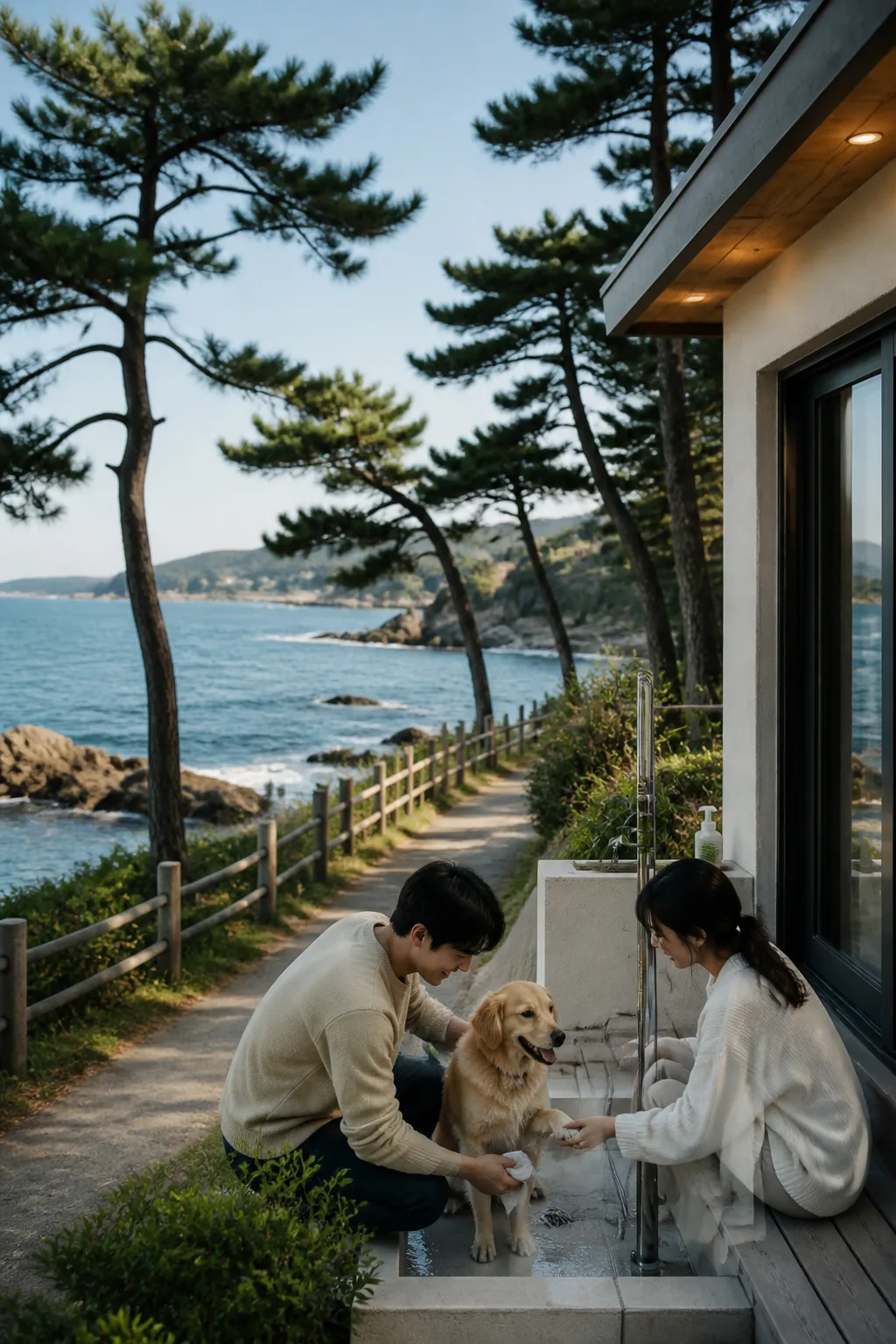 강릉애견동반숙소 주변 해변 산책 후 반려견 발을 씻기는 여행 장면