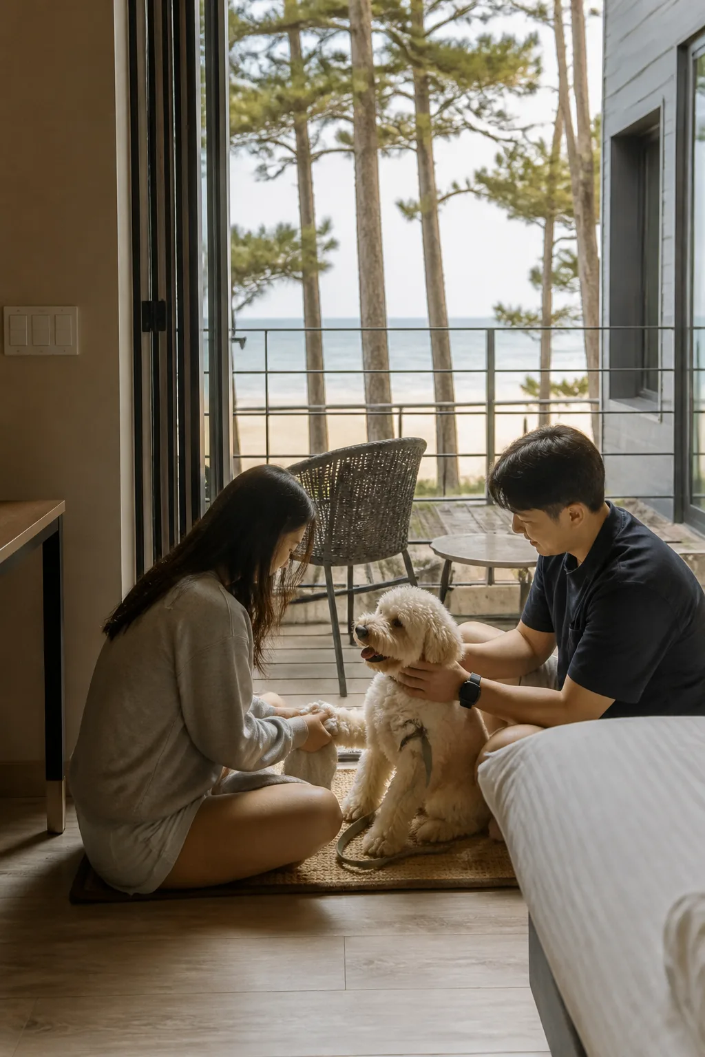 강릉 해변 산책 후 객실 앞에서 쉬는 반려견과 보호자, 강릉애견동반숙소 여행 장면
