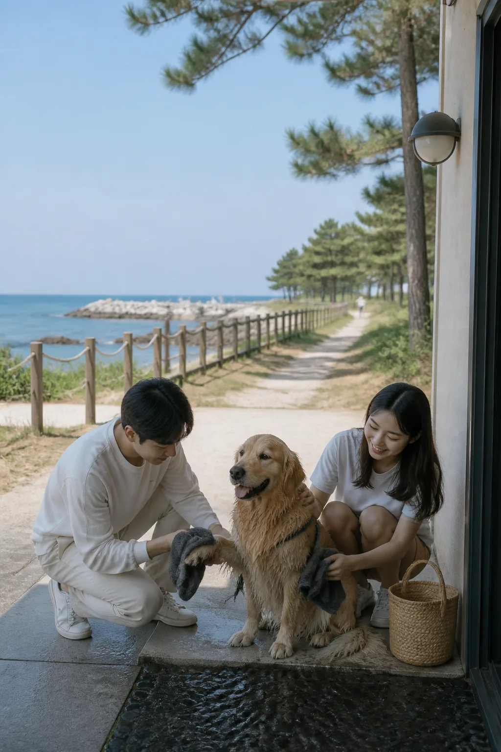 강릉 바닷가 산책 후 숙소 앞에서 반려견의 발을 정리하는 여행객 모습