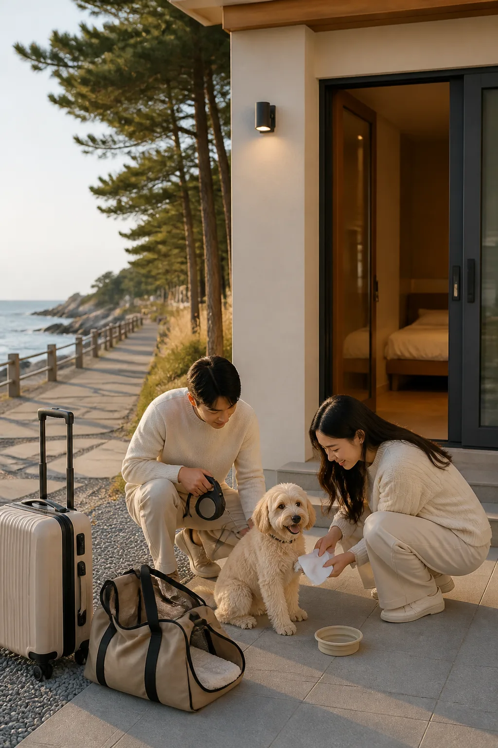 강릉애견동반숙소 앞에서 바다 산책 후 반려견의 발을 닦는 여행 커플