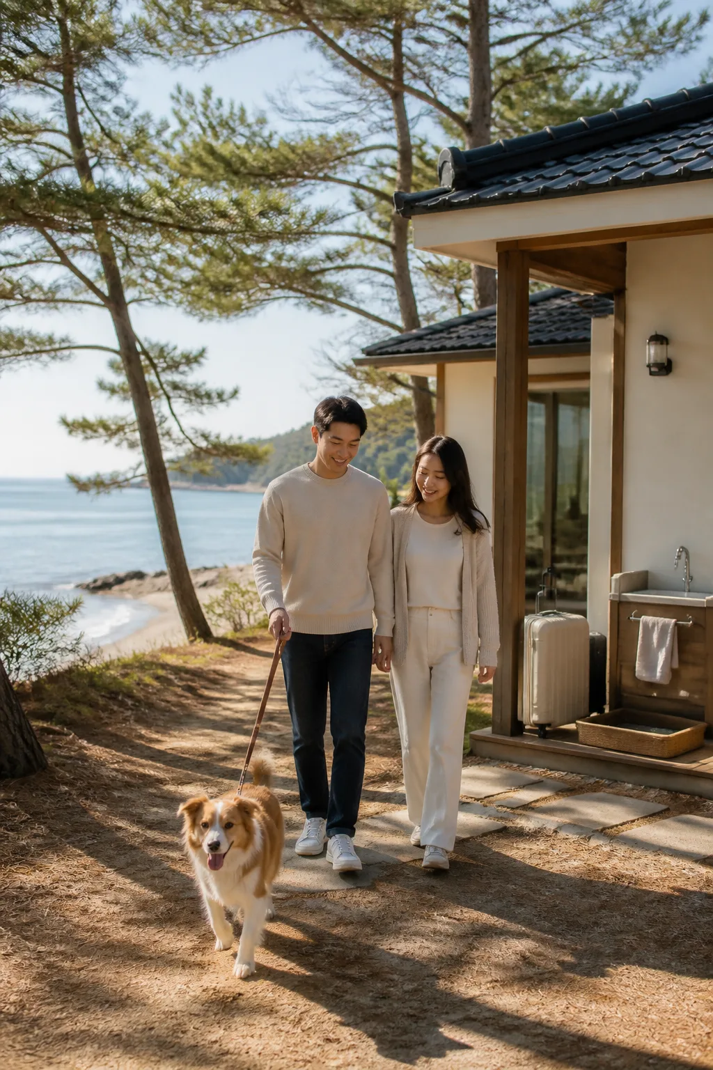 강릉애견동반숙소 주변 해변에서 반려견과 산책하는 커플과 숙소 이동 여행 장면