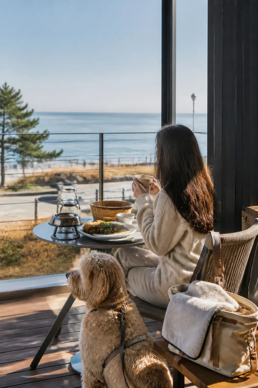 강릉애견동반숙소 테라스에서 반려견과 아침 식사 전 산책을 준비하는 여행 장면