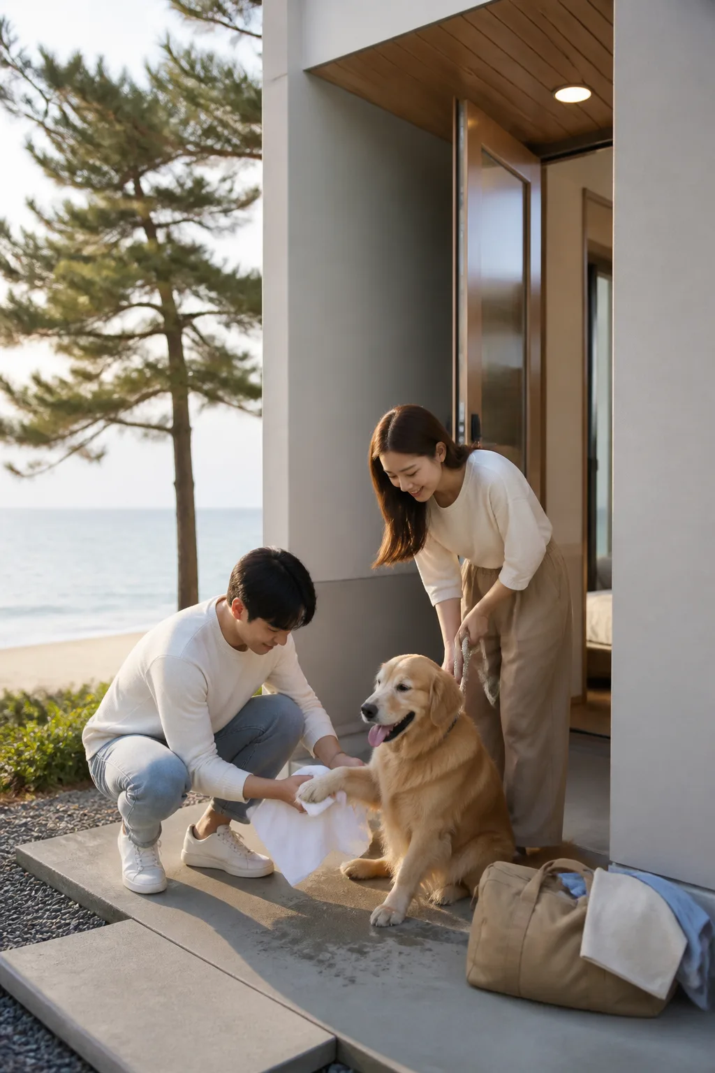 해변 산책 후 숙소로 돌아와 반려견의 발을 닦는 강릉애견동반숙소 여행 장면
