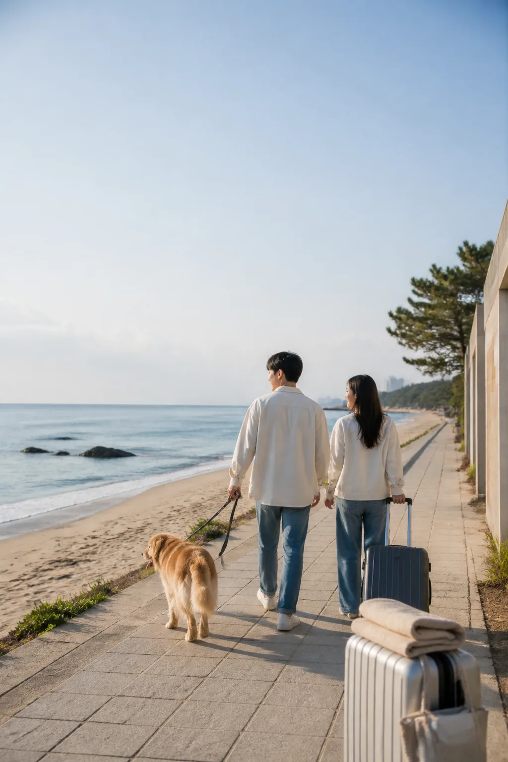 강릉애견동반숙소 체크아웃 후 반려견과 바닷가 산책을 즐기는 여행객