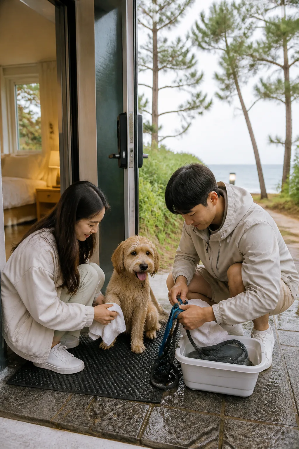 강릉애견동반숙소에서 바다 산책 후 반려견의 발과 젖은 용품을 정리하는 모습