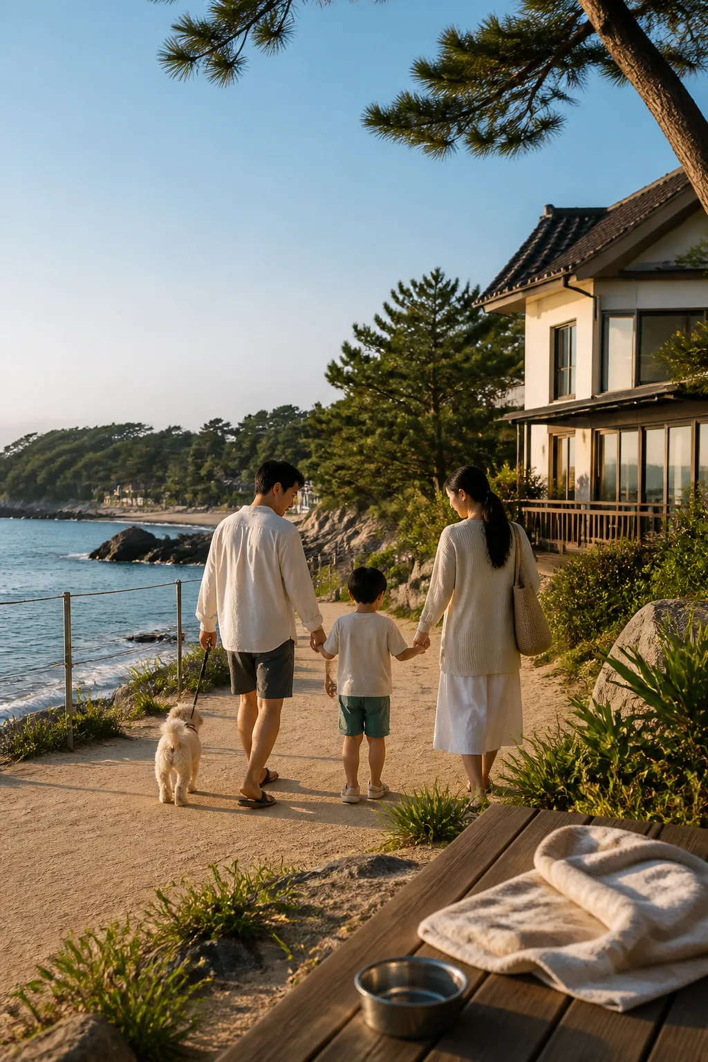 아이와 반려견이 강릉 해변을 산책하는 강릉애견동반숙소 가족 여행 장면