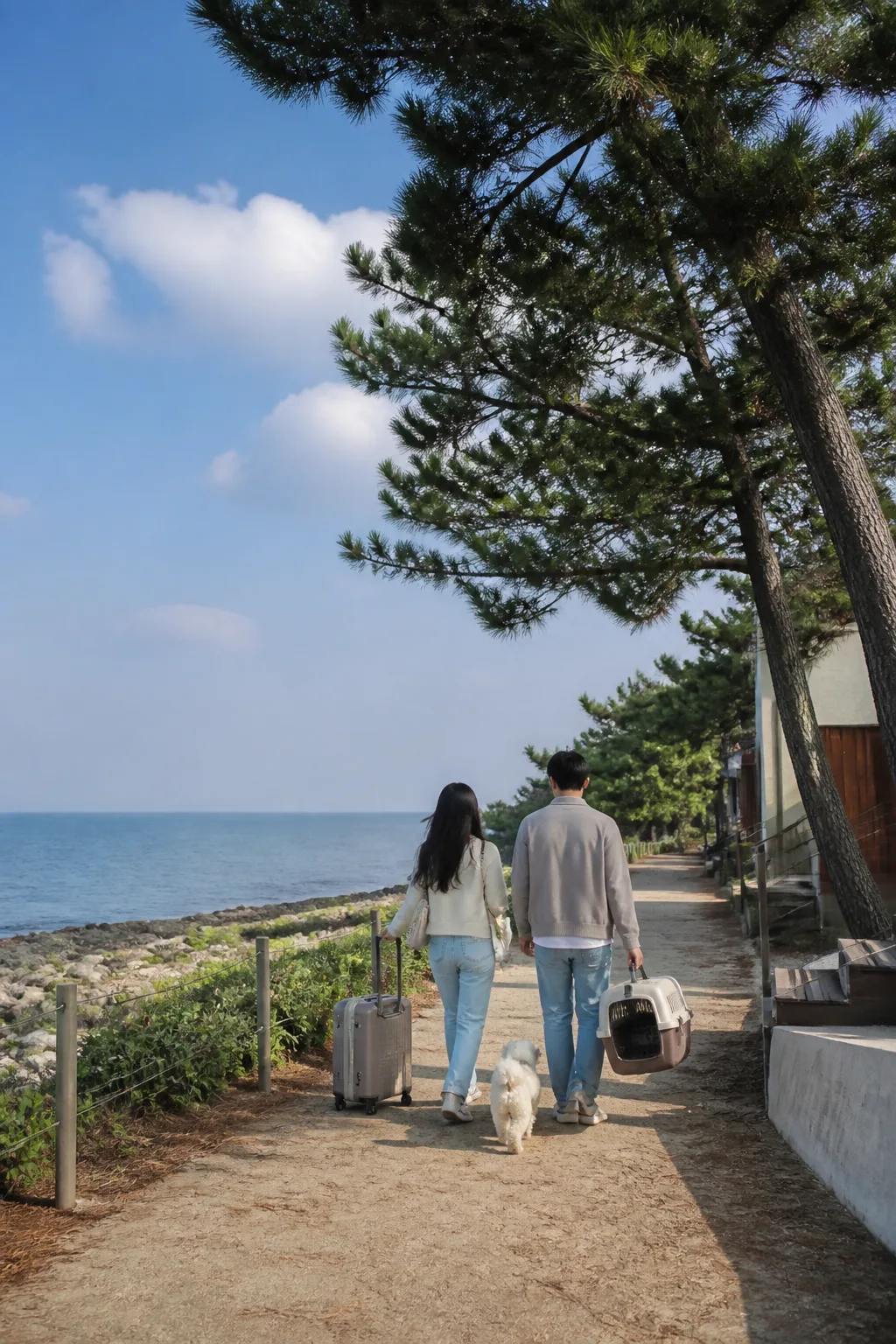 강릉애견동반숙소로 이동하기 전 바닷가 산책로를 걷는 반려견과 여행자