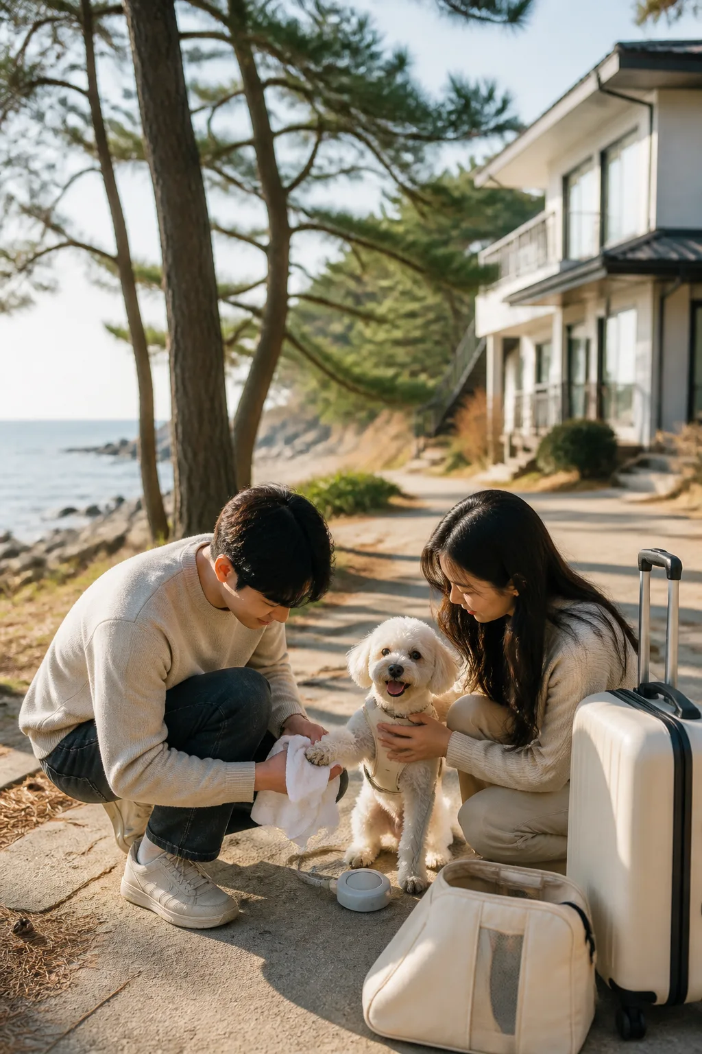 강릉애견동반숙소로 돌아가기 전 바닷가 산책 후 반려견의 발을 닦는 여행 장면