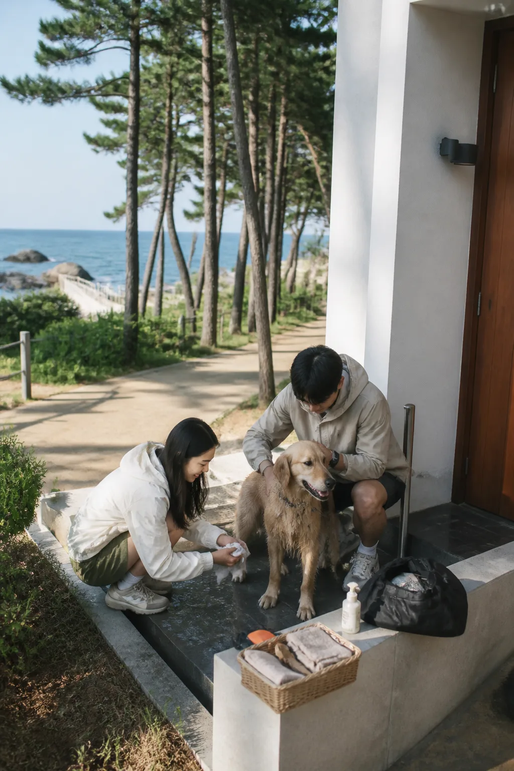 강릉애견동반숙소에서 바다 산책 후 반려견 발과 산책용품을 정리하는 모습