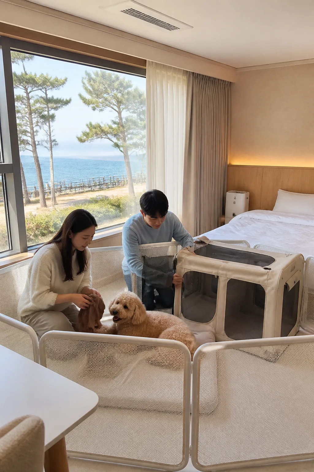 강릉애견동반숙소 객실에서 휴대용 울타리와 케이지를 사용하며 바다 산책 후 반려견을 쉬게 하는 모습