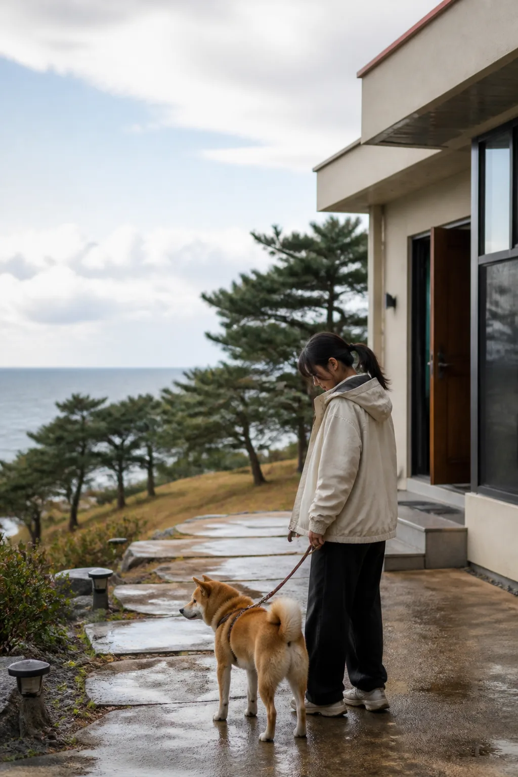 강릉애견동반숙소 주변에서 보호자가 반려견과 안전한 바다 산책 및 숙소 복귀 동선을 확인하는 모습