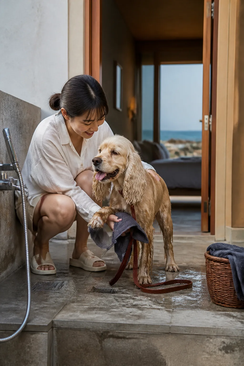 강릉 바다 산책 후 발을 닦고 객실로 들어가는 반려견과 보호자, 강릉애견동반숙소 여행 장면