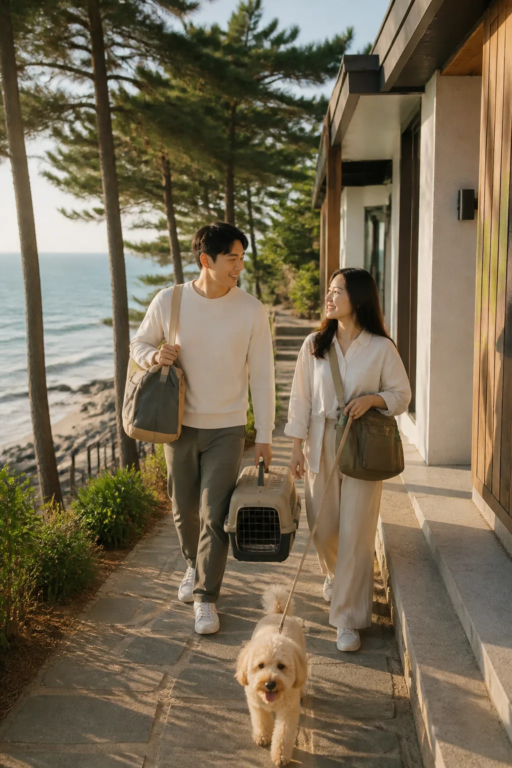 강릉애견동반숙소 주변 산책로와 숙소 이동 동선을 확인하는 반려견 동반 여행객