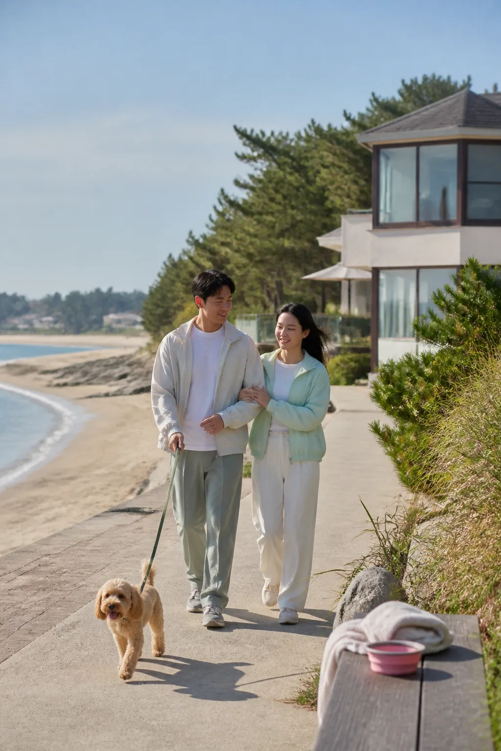 강릉애견동반숙소 주변 해변 산책로에서 반려견과 걷는 여행객