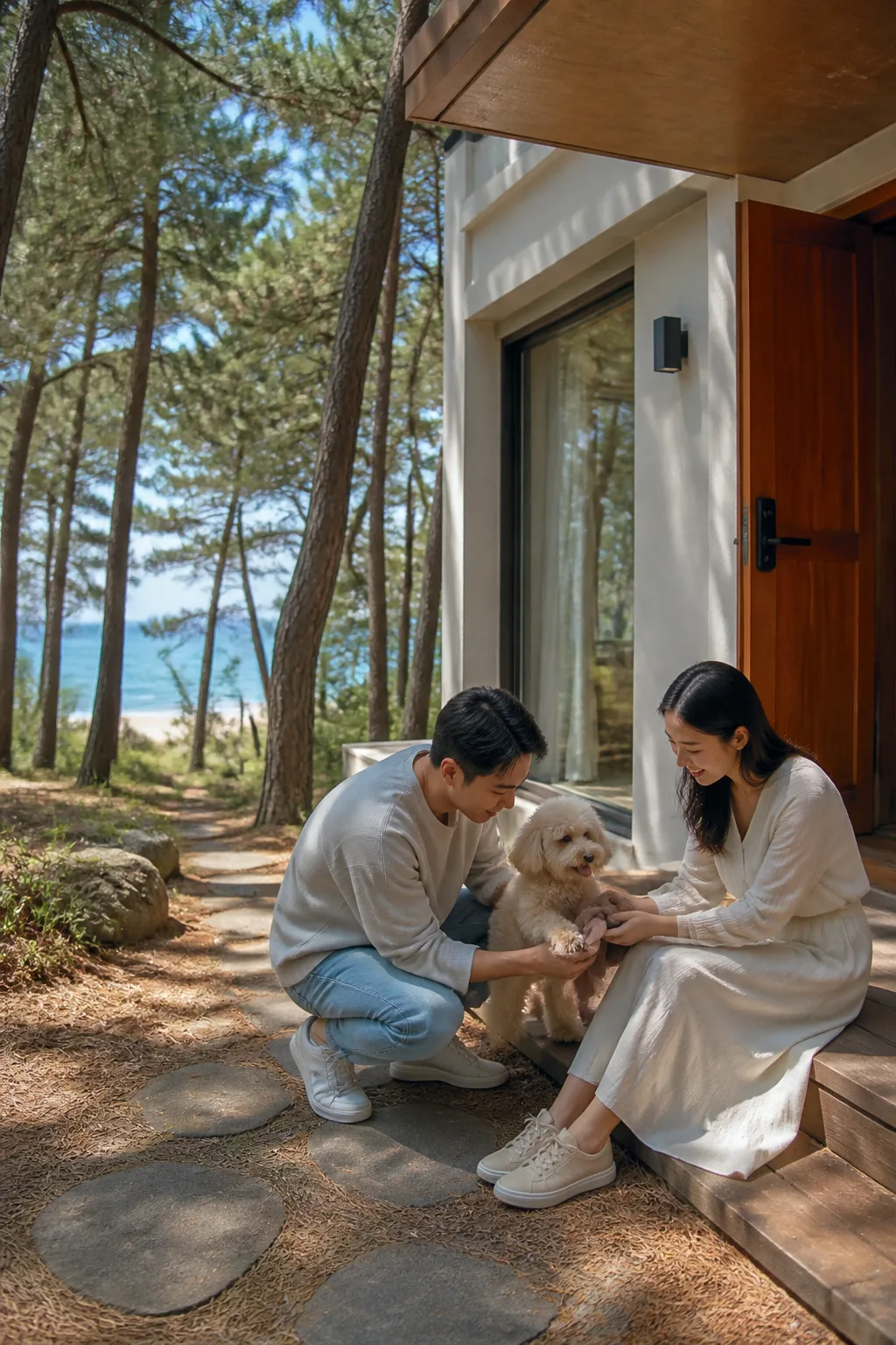 강릉애견동반숙소에서 바다 산책 후 반려견의 발을 닦는 여행객