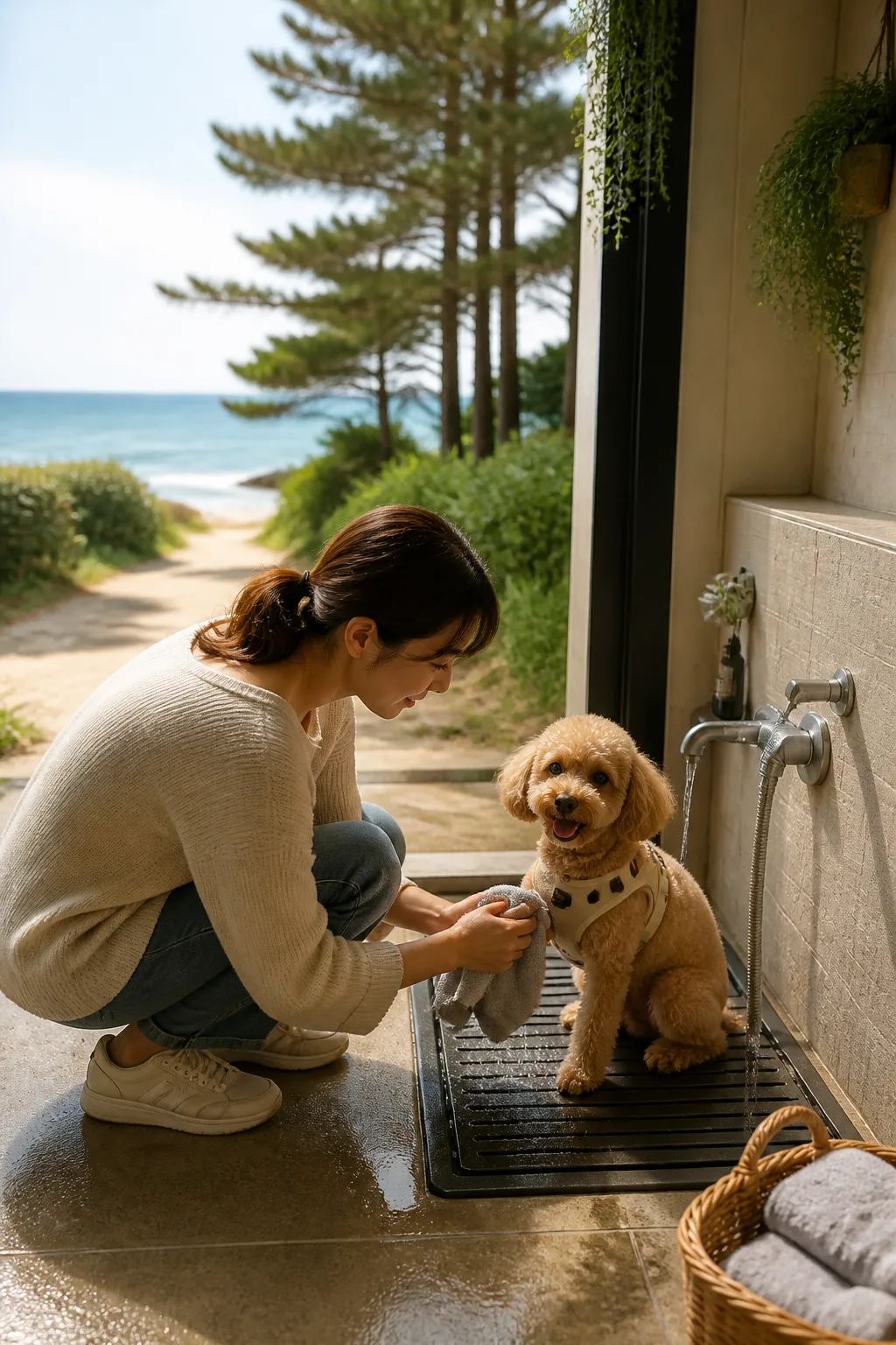 강릉애견동반숙소에서 바다 산책 후 반려견의 발을 닦고 객실에 들어갈 준비를 하는 모습