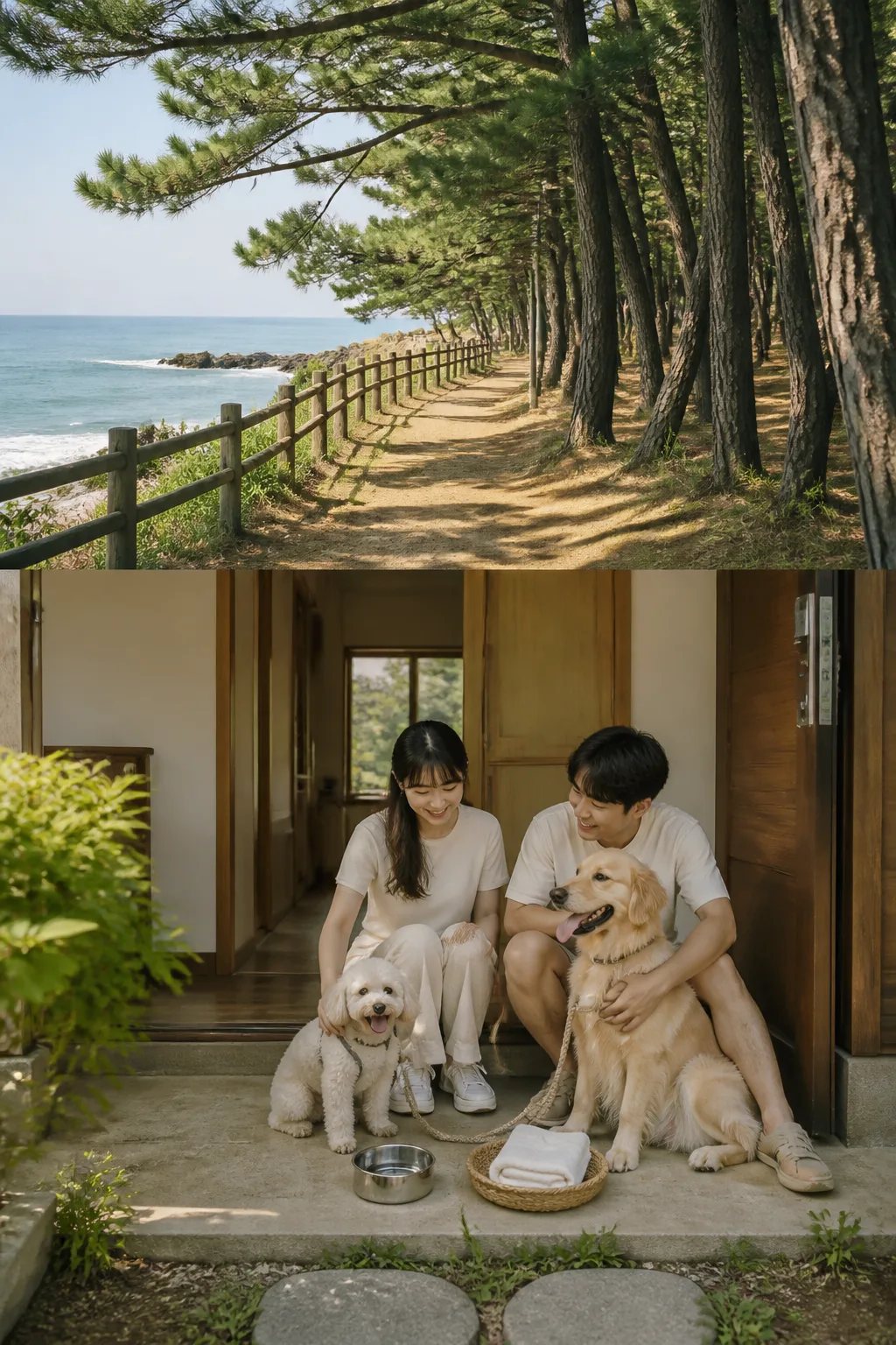 강릉애견동반숙소에서 반려견과 바다 산책 후 숙소 현관에서 쉬는 여행 장면