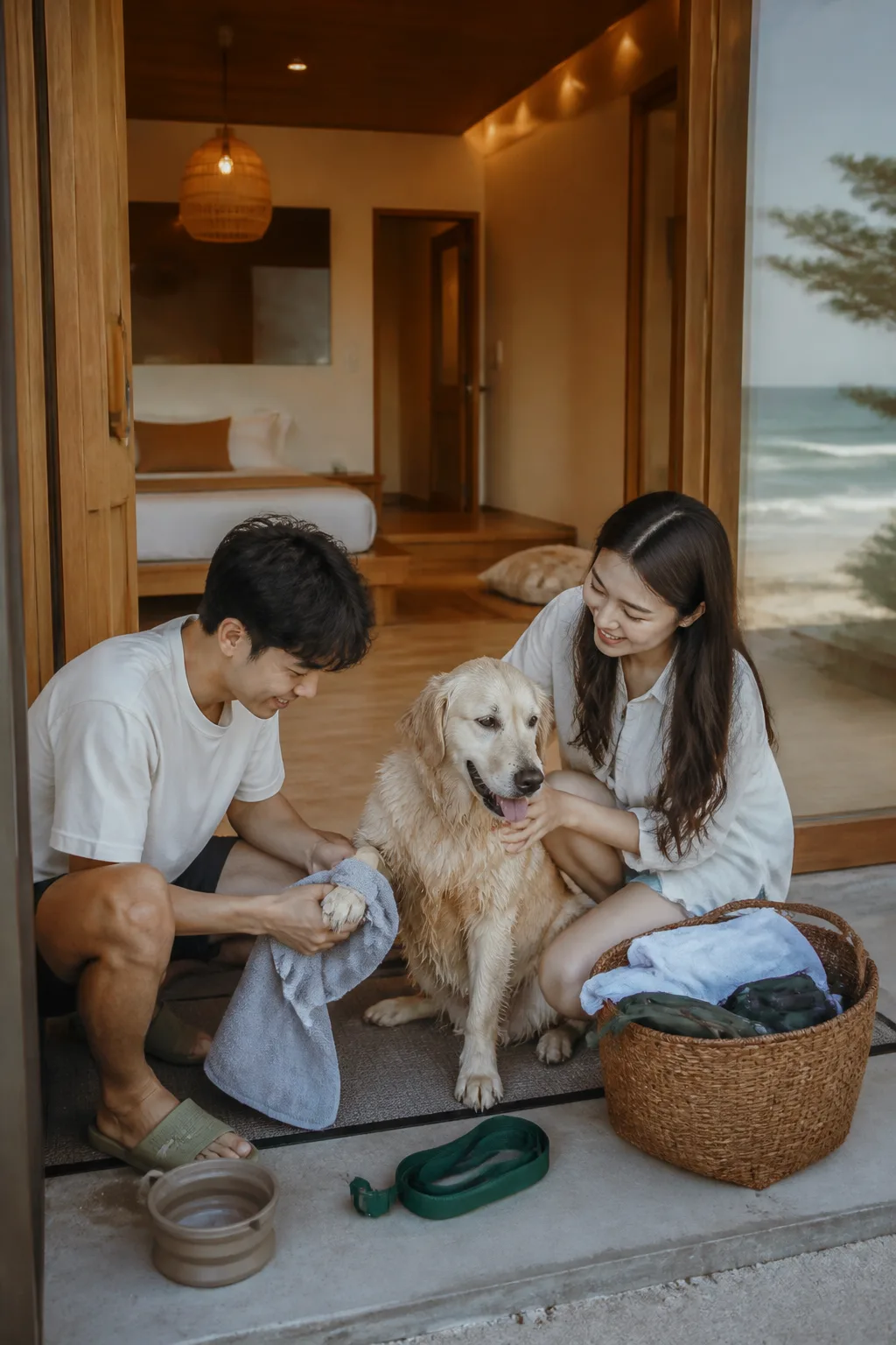 강릉애견동반숙소에서 바다 산책 후 반려견의 발을 닦고 객실 생활구역을 정리하는 장면