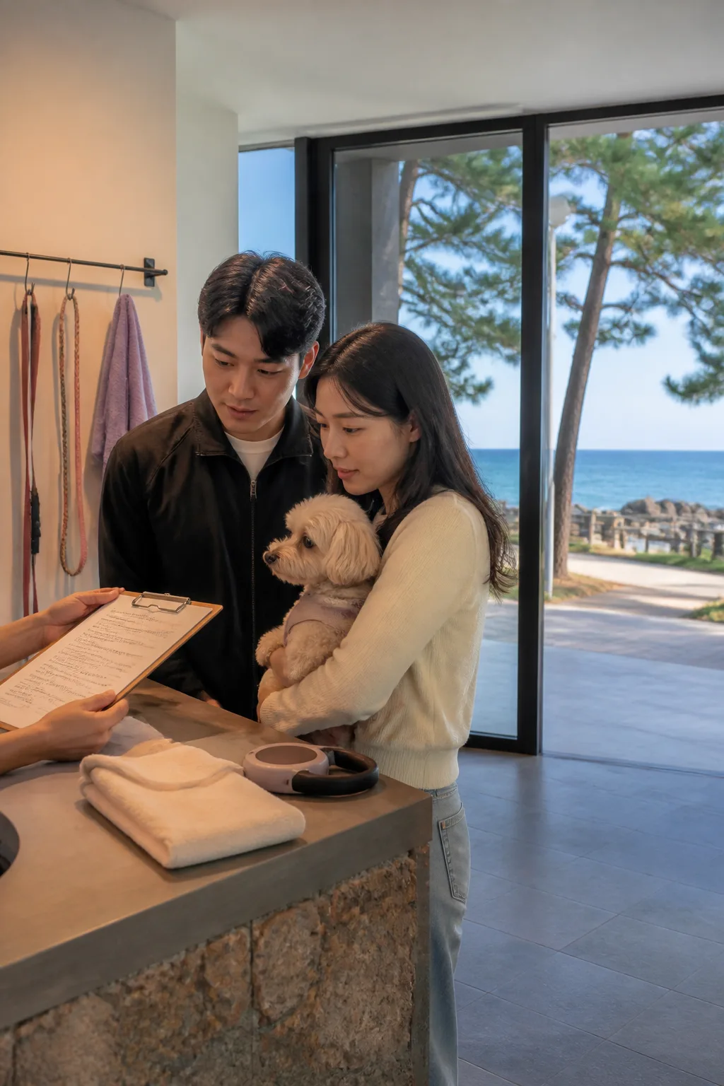 강릉애견동반숙소 예약 조건을 확인하며 반려견과 바다 산책을 준비하는 여행 장면
