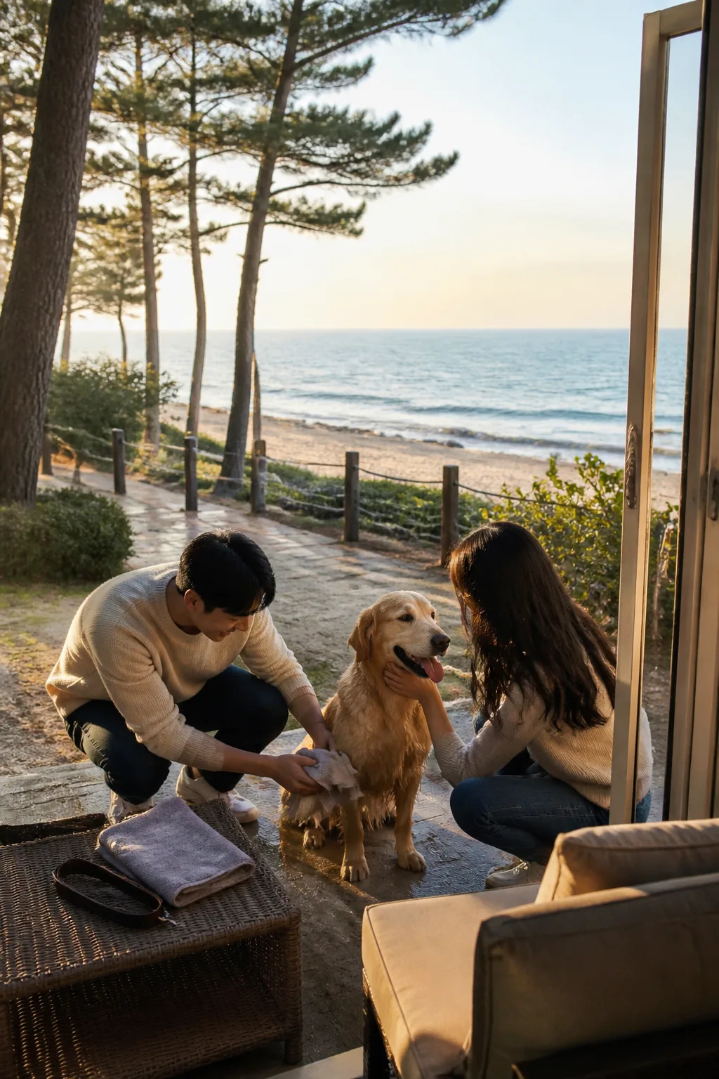 강릉애견동반숙소에서 바다 산책 후 반려견 발을 닦고 객실로 이동하는 여행 장면