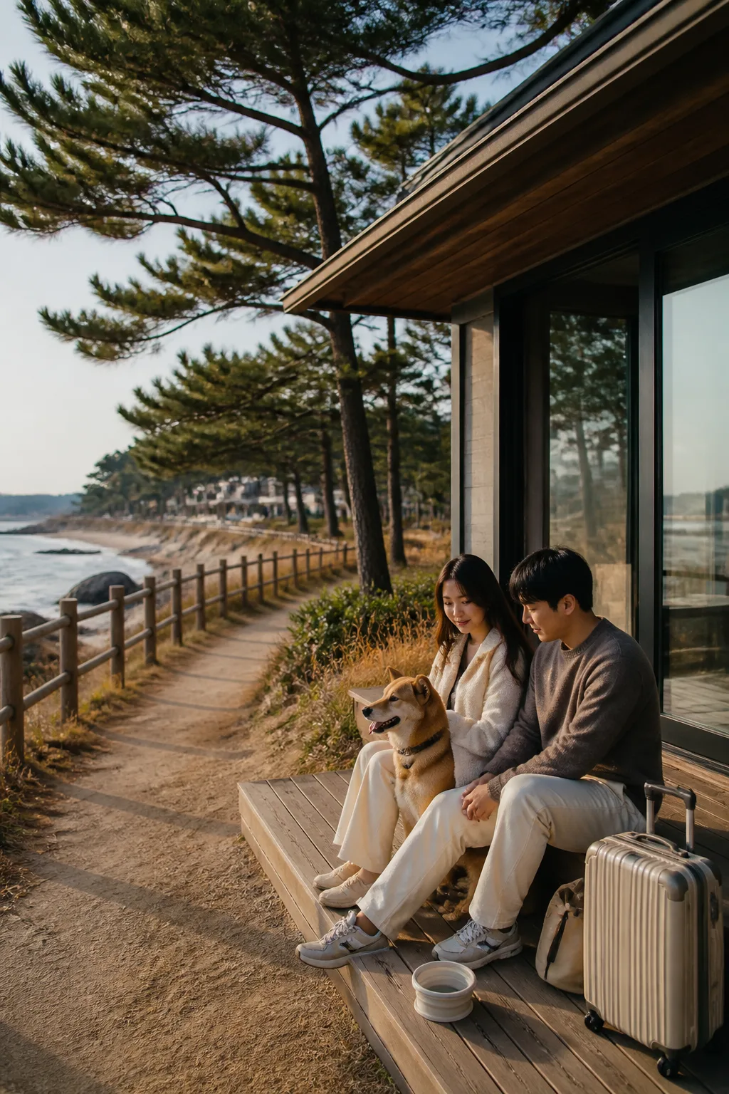 강릉애견동반숙소 주변 해변에서 산책 후 쉬는 반려견과 여행객
