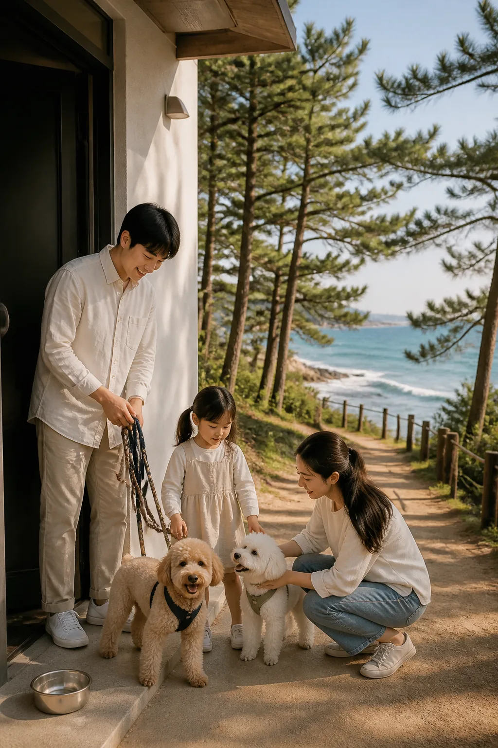강릉애견동반숙소 주변 바닷길에서 가족과 반려견이 산책을 준비하는 모습