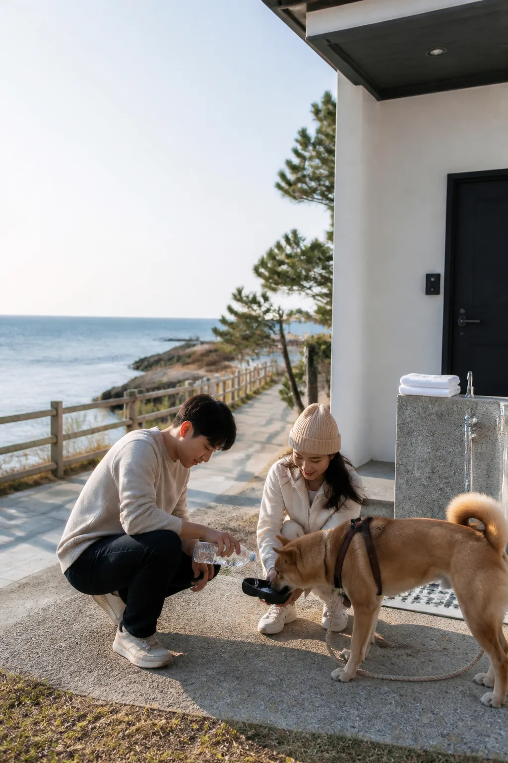 강릉애견동반숙소 주변에서 반려견에게 물을 주며 바다 산책을 준비하는 커플